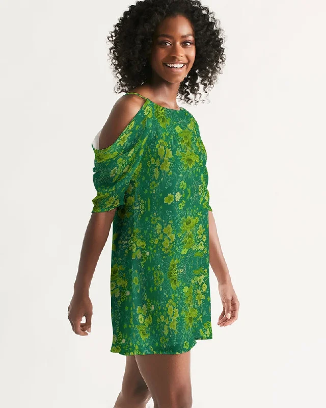 Green lush Repeat pattern Women's Open Shoulder A-Line Dress Tunics Trendy modern