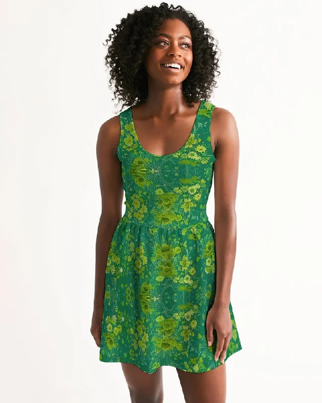 Green lush Repeat pattern Women's Scoop Neck Skater Dress Tunics Sophisticated sleek