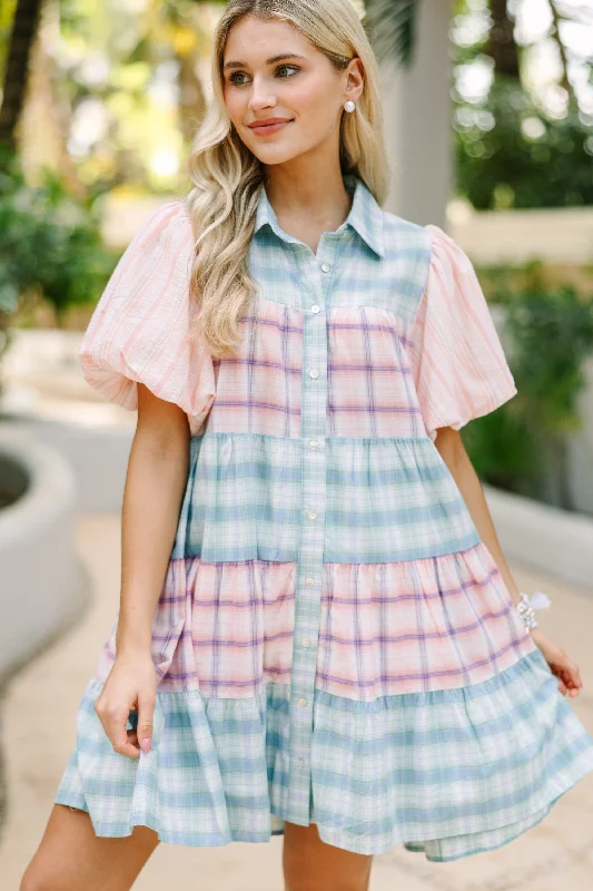 Happy Place Blue & Pink Plaid Dress Tunics Stylish modern