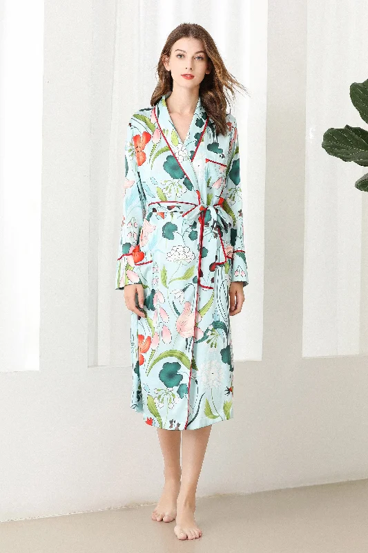 Lykke Home | 19 Momme Mulberry Silk Floral Robe Dressing Gown Tunics Timeless classic