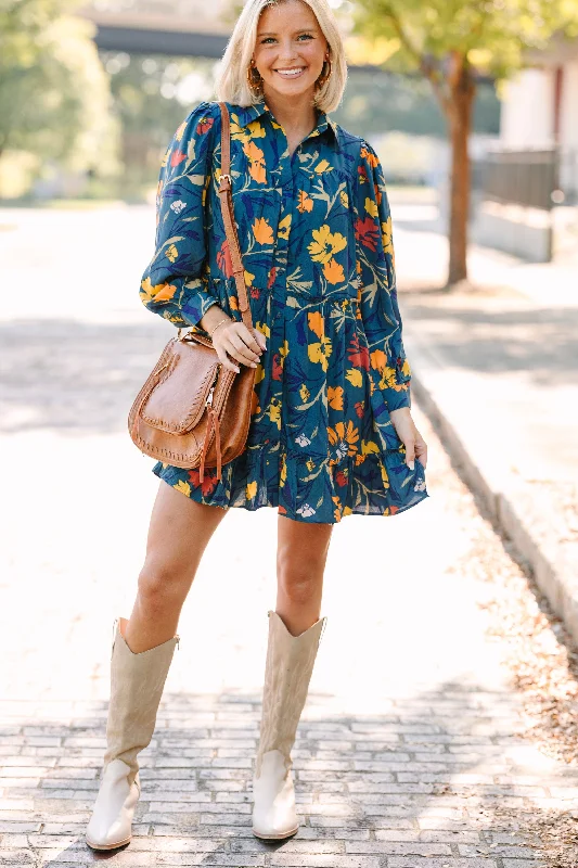 Make You Happy Navy Blue Floral Babydoll Dress Tunics Favorite customer