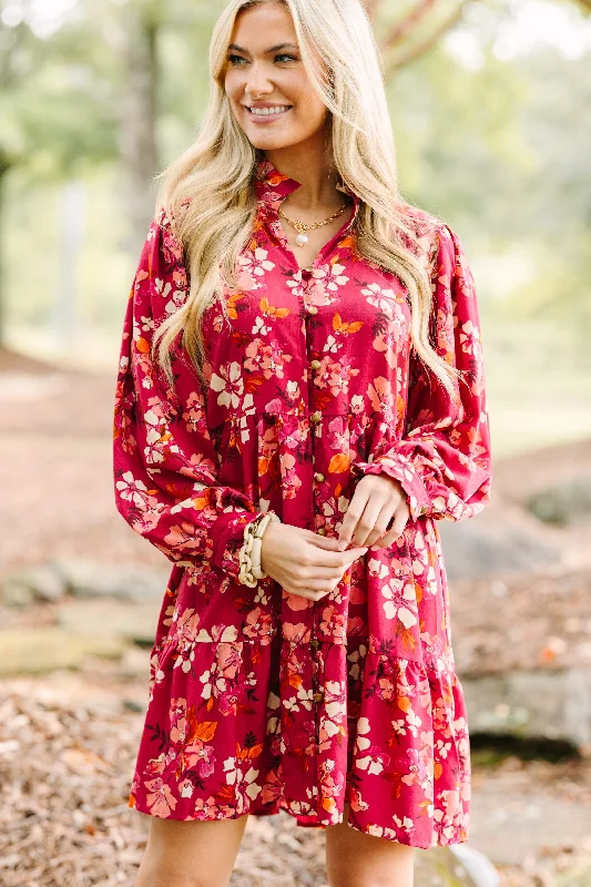 On The Right Track Burgundy Red Floral Babydoll Dress Tunics Fall fleece