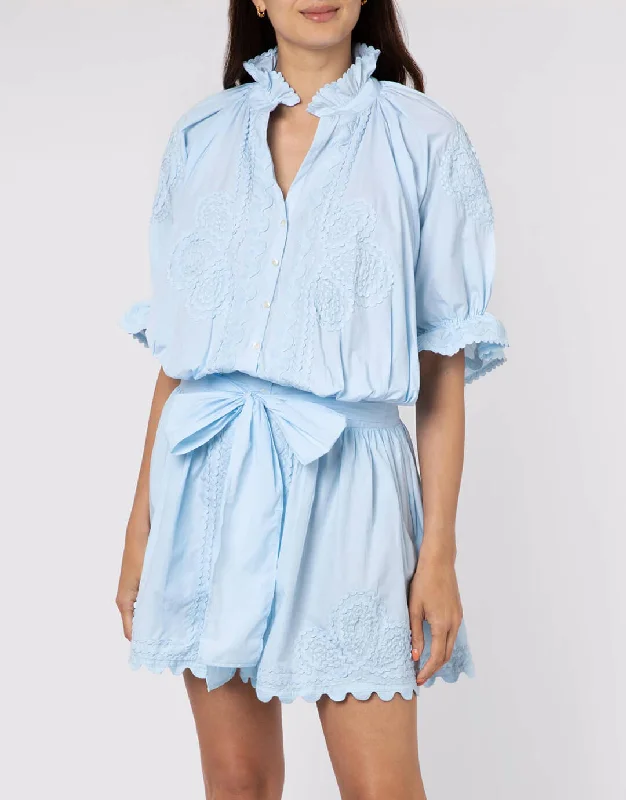 Poplin Blouson Dress with Ric-Rac Embroidery - Pale Blue Tunics Fashionable trendy