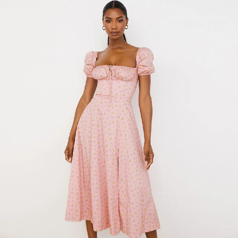 BerryBetty - Daisy Printed Puff Sleeve High Slit Smock Maxi Sundress - Pink Elegant Long Evening