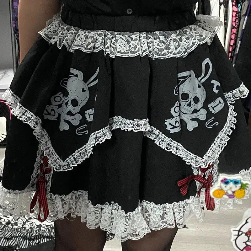 Short Girls Dress Cosplay Subculture Y2k Lace Skeleton Gothic Trend Black High Waist Layered Skirt Maxi Flowy Bohemian