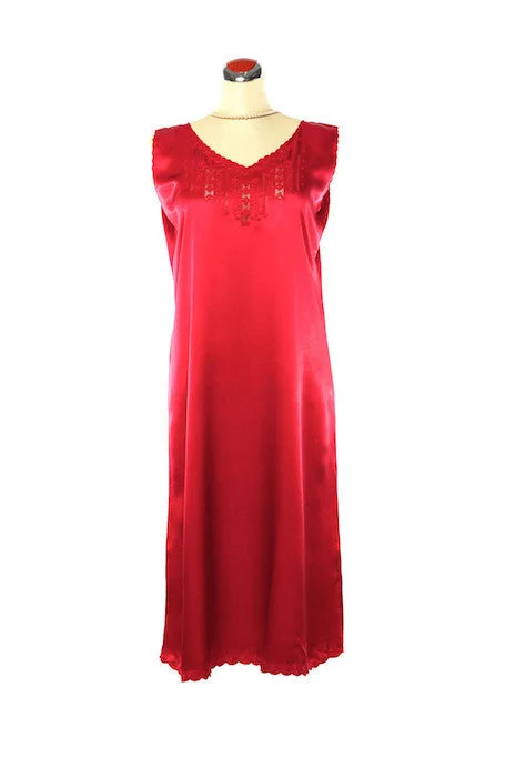 Silk Satin Hand Embroidered Fleur Nightdress - Red sweetheart Neckline Romantic