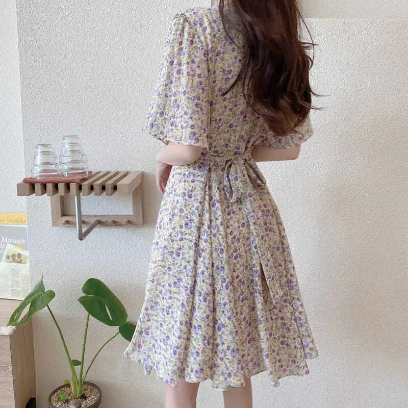 DressBetty - 2024 Summer New Temperament Tight Waist Slim Chiffon Floral Dress Tunics Stylish elegant