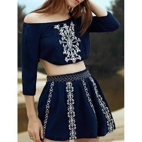 Stylish Off The Shoulder Embroidery Women's Two Piece Dress - Purplish Blue S Tunics Travel practical